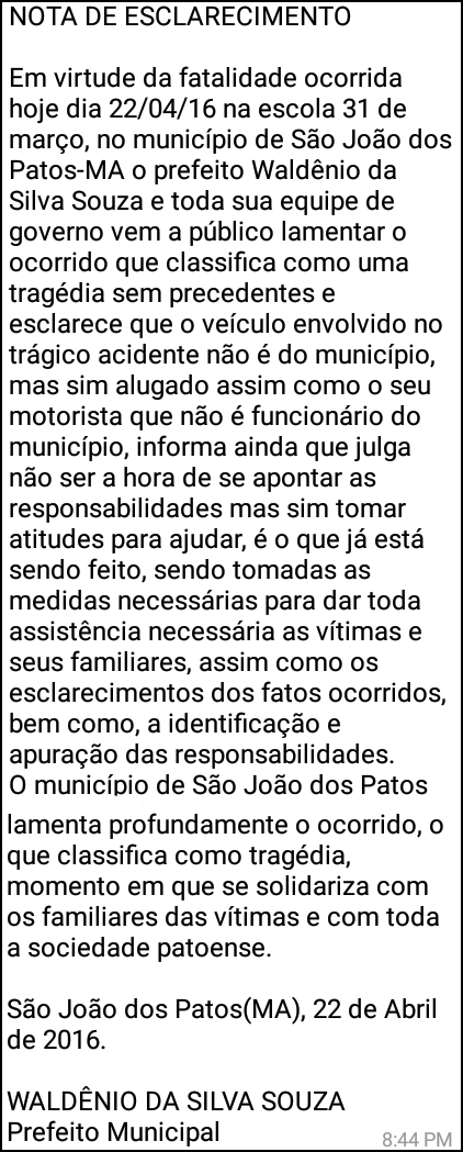 Nota do Prefeito Dr. Valdênio