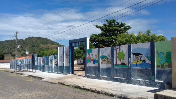 O muro pintado com charges e cartuns ecológicos.